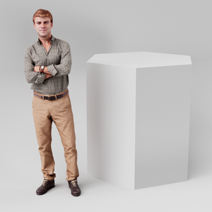 Hexagonal display plinth, 600mm across and 1000mm tall, in white with a person alongside for scale