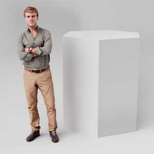 Hexagonal display plinth, 600mm across and 1100mm tall, in white with a person alongside for scale