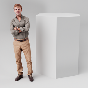 Hexagonal display plinth, 600mm across and 1200mm tall, in white with a person alongside for scale