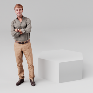 Hexagonal display plinth, 600mm across and 400mm tall, in white with a person alongside for scale