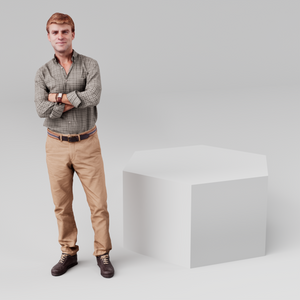 Hexagonal display plinth, 600mm across and 500mm tall, in white with a person alongside for scale
