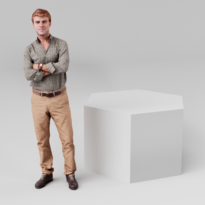 Hexagonal display plinth, 600mm across and 600mm tall, in white with a person alongside for scale
