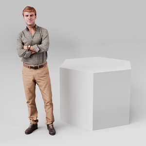 Hexagonal display plinth, 600mm across and 700mm tall, in white with a person alongside for scale