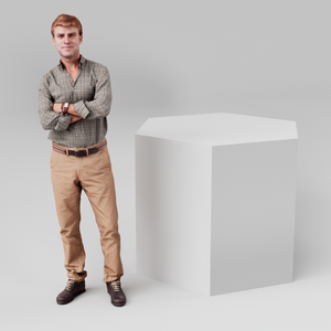 Hexagonal display plinth, 600mm across and 800mm tall, in white with a person alongside for scale