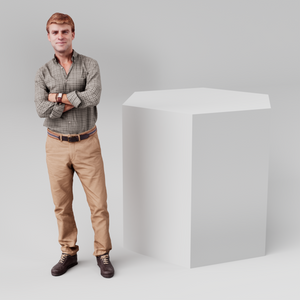 Hexagonal display plinth, 600mm across and 900mm tall, in white with a person alongside for scale