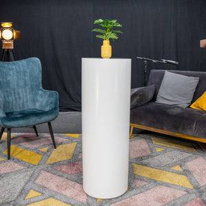 Tall white circular display plinth styled in a lounge setting with a plant on top