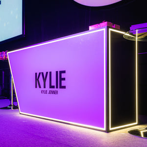 Angular DJ booth with LED lighting